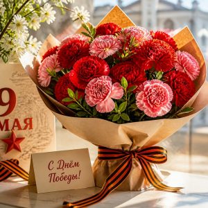 Букет на 9 мая — красные гвоздики и георгиевская лента, в Твери